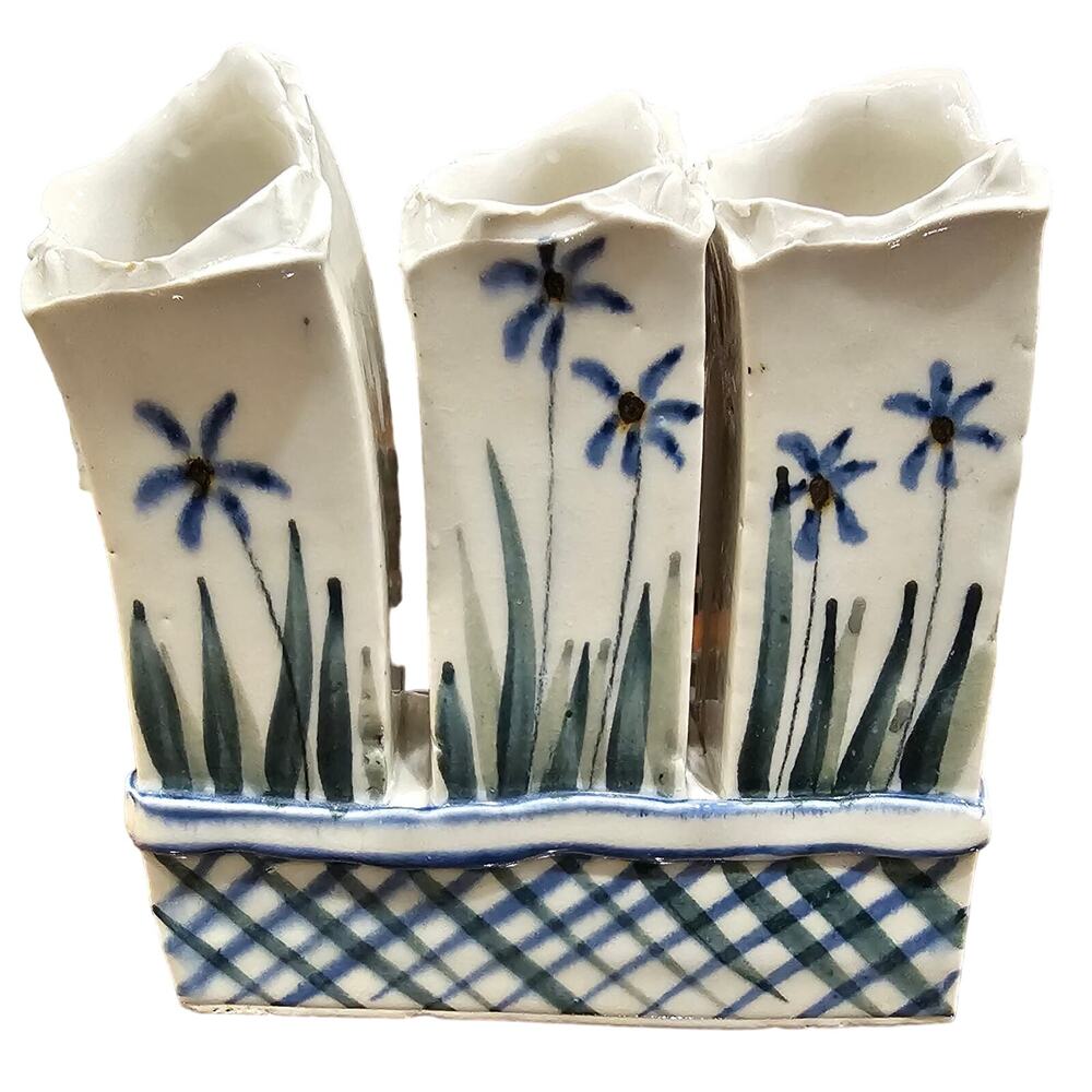 Unique Hand Built Painted Art Pottery Porcelain 3 finger vase blue daisies
